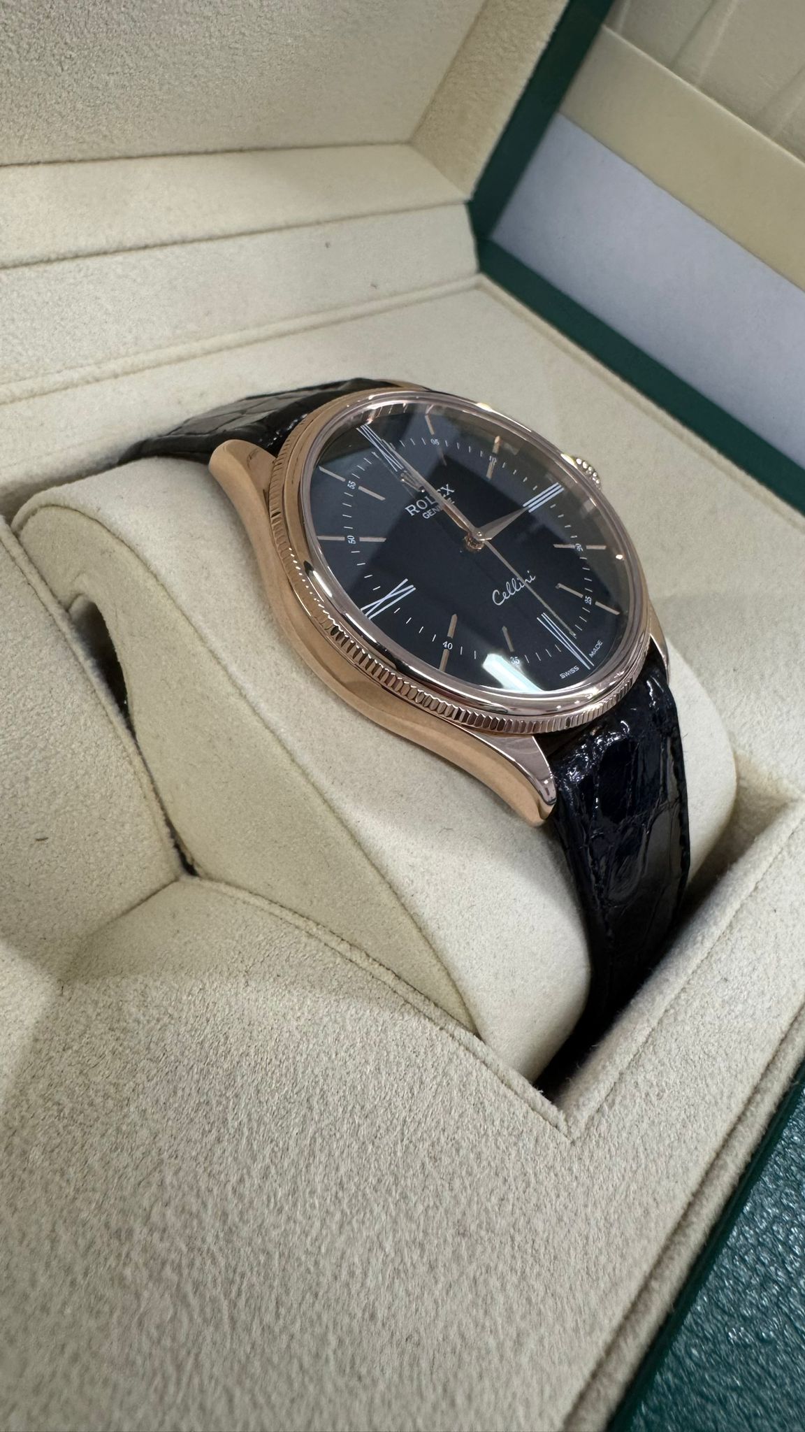 Rolex Everose Gold Cellini Date Watch - 39 MM - Leather Strap - Black Dial - 50505