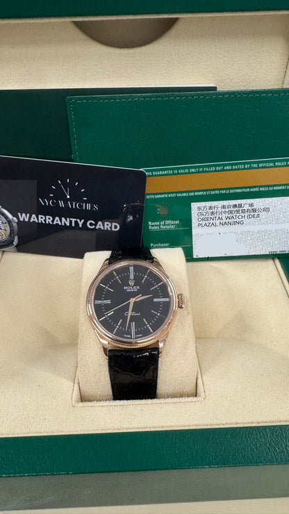 Rolex Everose Gold Cellini Date Watch - 39 MM - Leather Strap - Black Dial - 50505