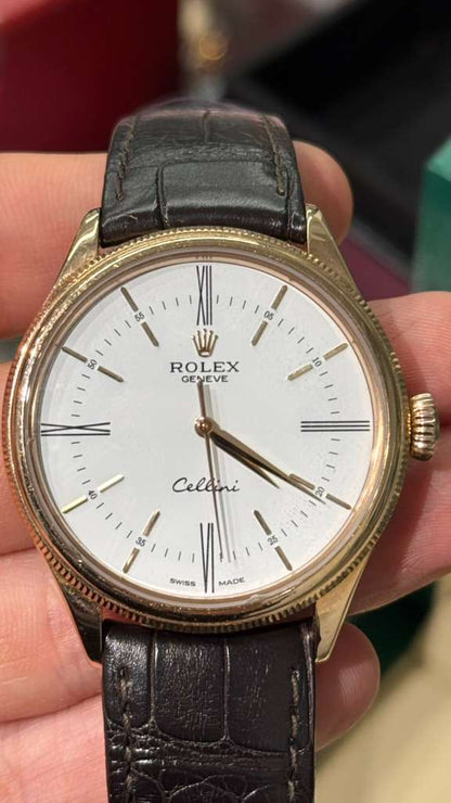 Rolex Everose Gold Cellini Date Watch - 39 MM - Leather Strap - White Dial - 50505 wbk