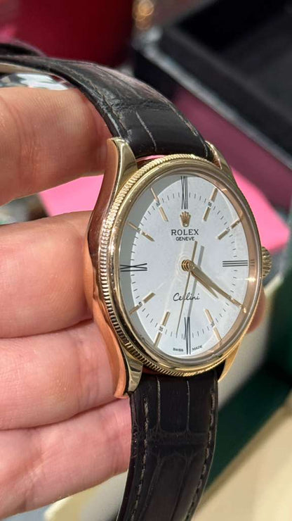 Rolex Everose Gold Cellini Date Watch - 39 MM - Leather Strap - White Dial - 50505 wbk