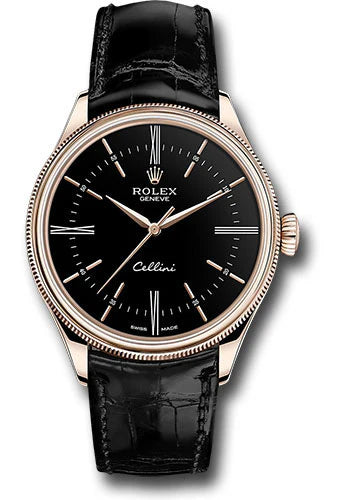Rolex Everose Gold Cellini Date Watch - 39 MM - Leather Strap - Black Dial - &nbsp;50505