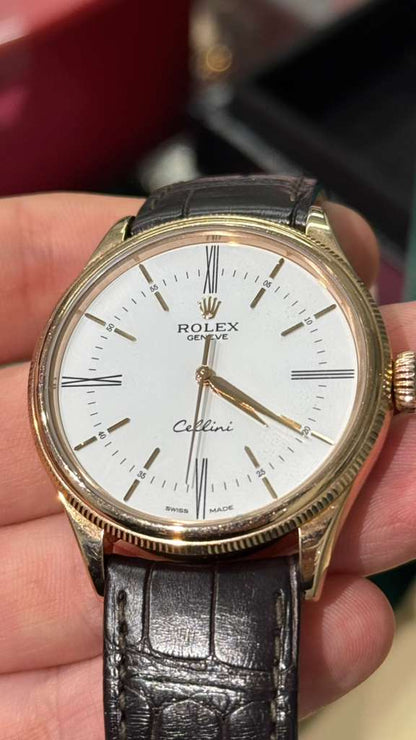 Rolex Everose Gold Cellini Date Watch - 39 MM - Leather Strap - White Dial - 50505 wbk