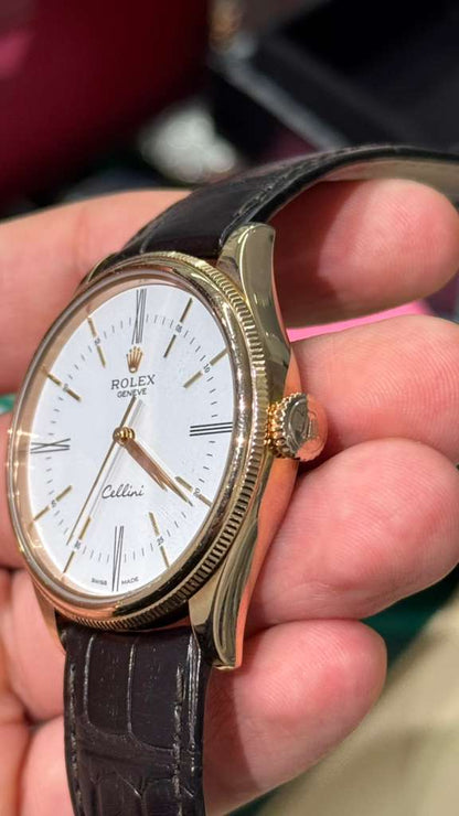 Rolex Everose Gold Cellini Date Watch - 39 MM - Leather Strap - White Dial - 50505 wbk