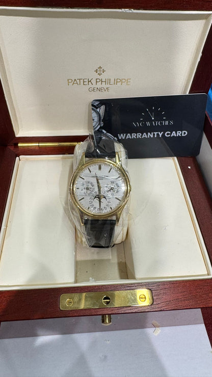 Patek Philippe Grand Complications - Moonphase and Perpetual Calendar - 37.2 MM - Yellow Gold - Silver Dial - Brown Leather Strap - 5140J-001