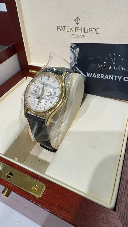 Patek Philippe Grand Complications - Moonphase and Perpetual Calendar - 37.2 MM - Yellow Gold - Silver Dial - Brown Leather Strap - 5140J-001