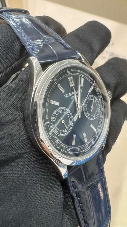 Patek Philippe Complications - Chronograph - 39 MM - Platinum - Blue Baguette Dial - Leather Bracelet - 5170P-001