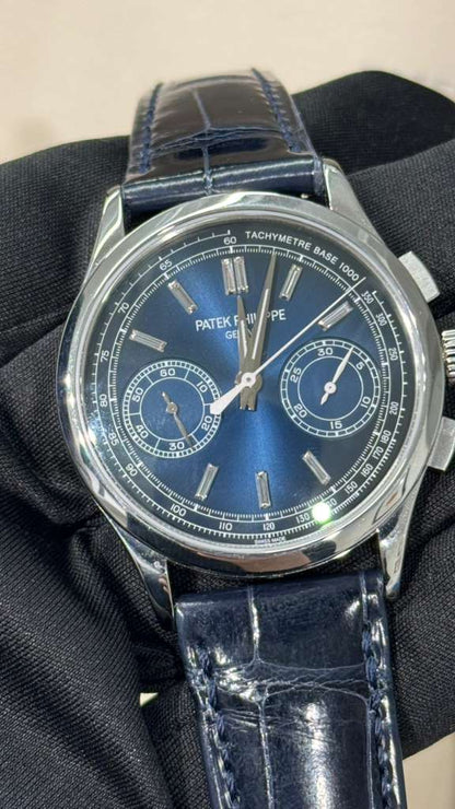 Patek Philippe Complications - Chronograph - 39 MM - Platinum - Blue Baguette Dial - Leather Bracelet - 5170P-001