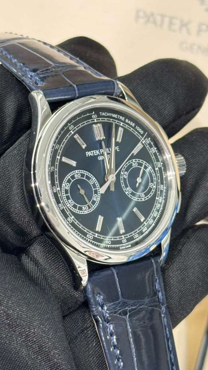 Patek Philippe Complications - Chronograph - 39 MM - Platinum - Blue Baguette Dial - Leather Bracelet - 5170P-001