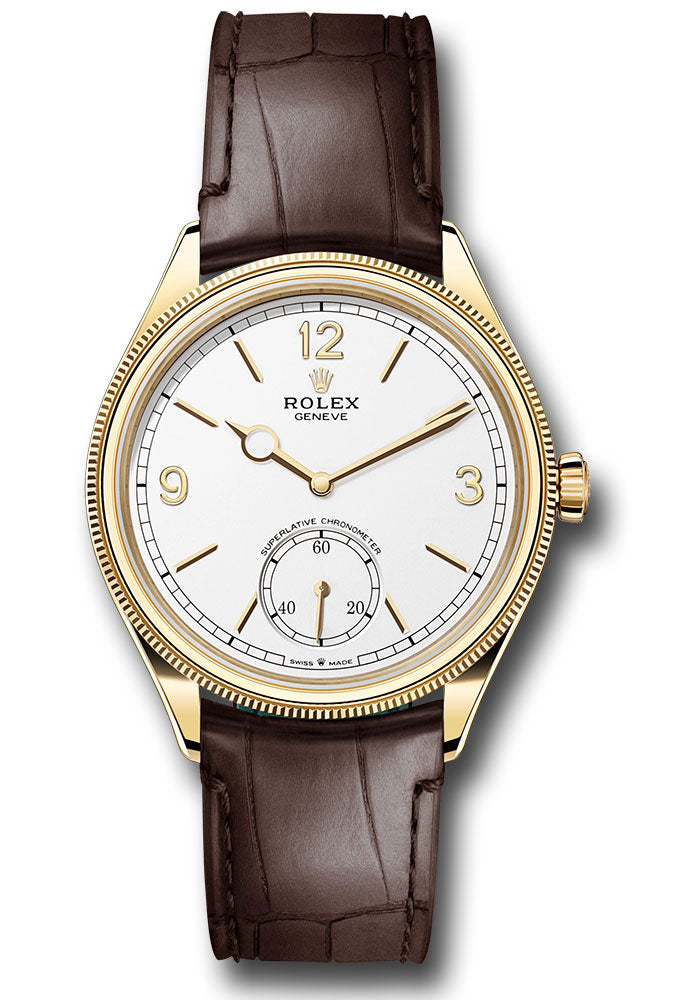 Rolex Yellow Gold 1908 Watch - 39 MM - Alligator Leather Strap - Domed And Fluted Bezel - White Index Arabic Dial - 52508 wbr