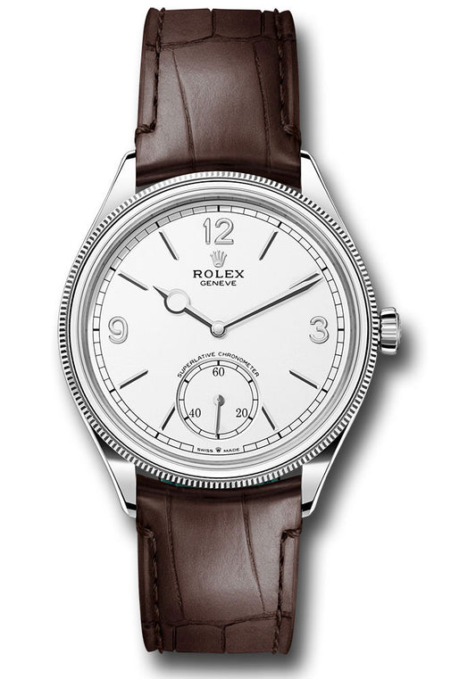 Rolex White Gold 1908 Watch - 39 MM - Alligator Leather Strap - Domed And Fluted Bezel - White Index Arabic Dial - 52509 wbr