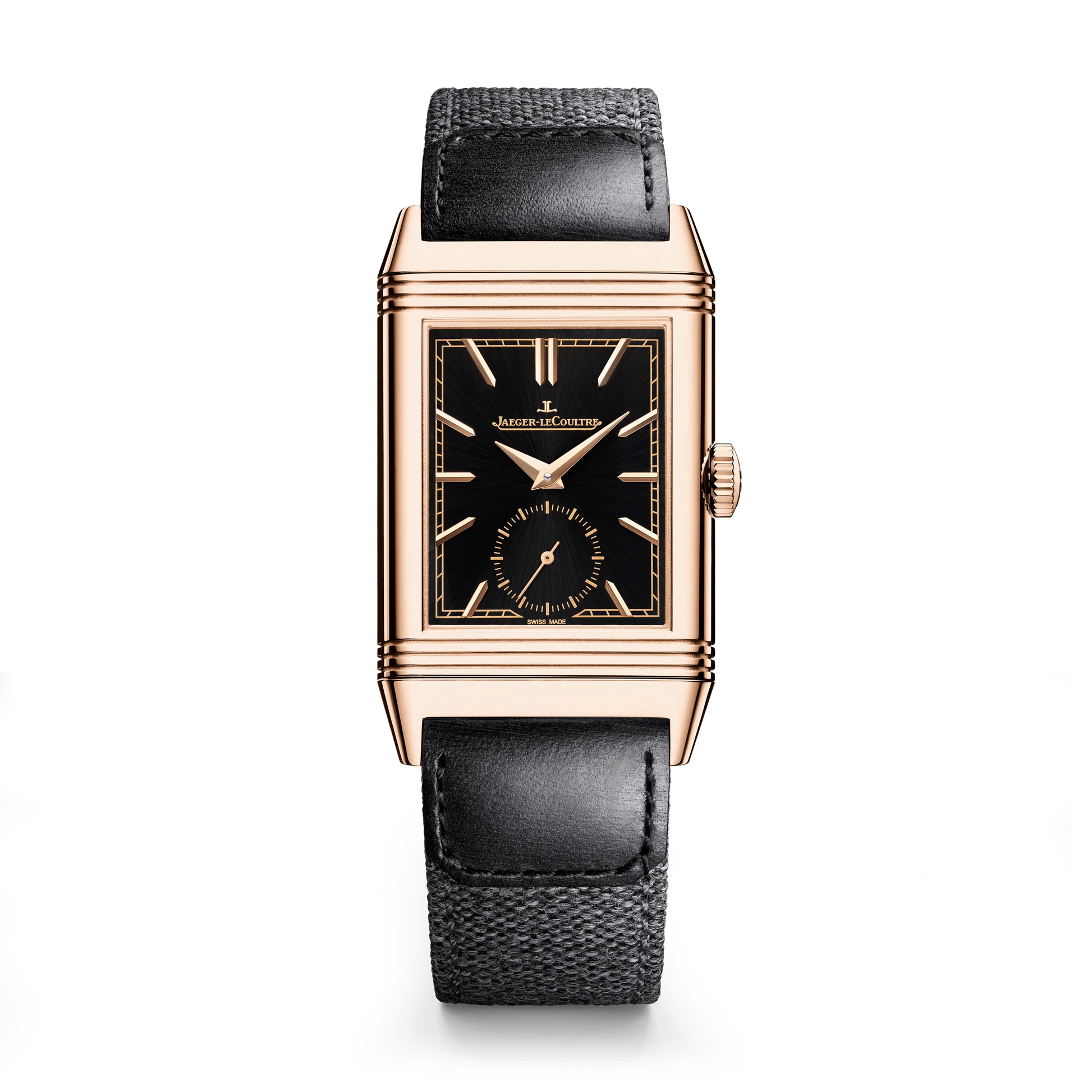 JLC - Reverso Tribute Monoface Small Seconds - 45.6 MM x 27.4 MM - Pink Gold - Black Dial - Black Leather/Canvas Strap - Q713257J