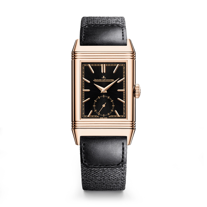 JLC - Reverso Tribute Monoface Small Seconds - 45.6 MM x 27.4 MM - Pink Gold - Black Dial - Black Leather/Canvas Strap - Q713257J