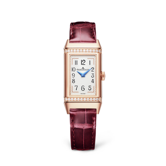 JLC - Reverso One Duetto - 40.1 MM x 20 MM - Pink Gold - Silvered-Gray/Burgundy Dial - Diamond-Set Case - Burgundy Leather Strap - Q334256J