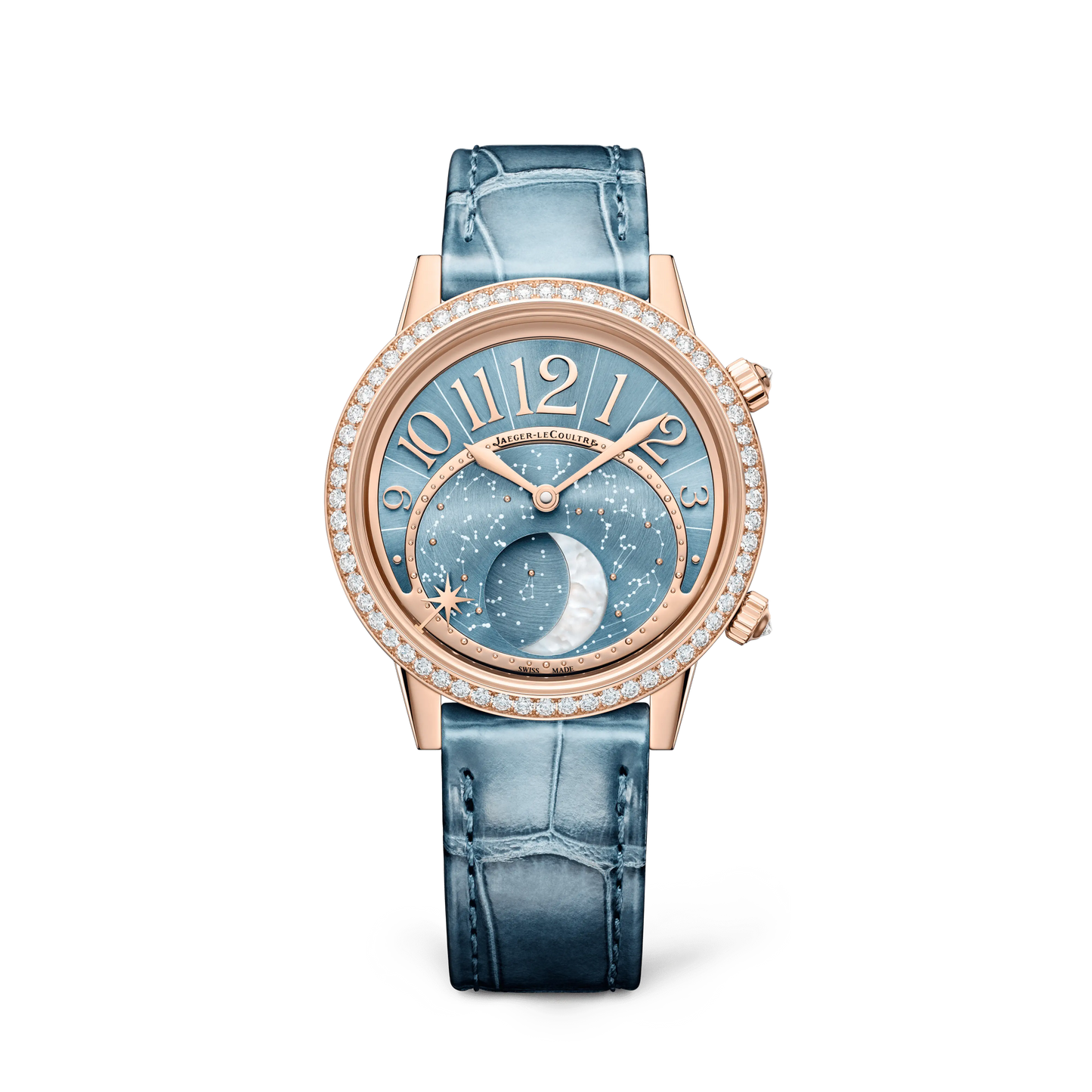 JLC - Rendez-Vous Jewellery Moon - 36 MM - Pink Gold - Blue 'Serenity' Asymmetrical Dial - Diamond Bezel - Blue Leather Strap - Q3522480