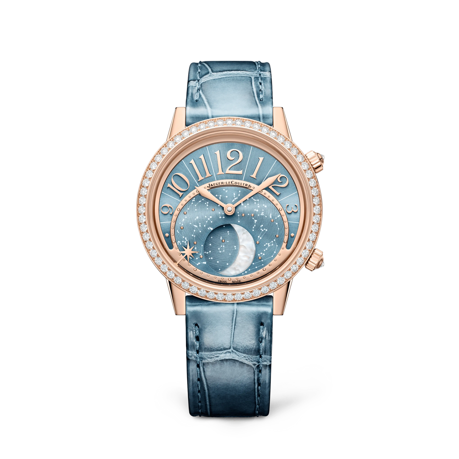 JLC - Rendez-Vous Jewellery Moon - 36 MM - Pink Gold - Blue 'Serenity' Asymmetrical Dial - Diamond Bezel - Blue Leather Strap - Q3522480