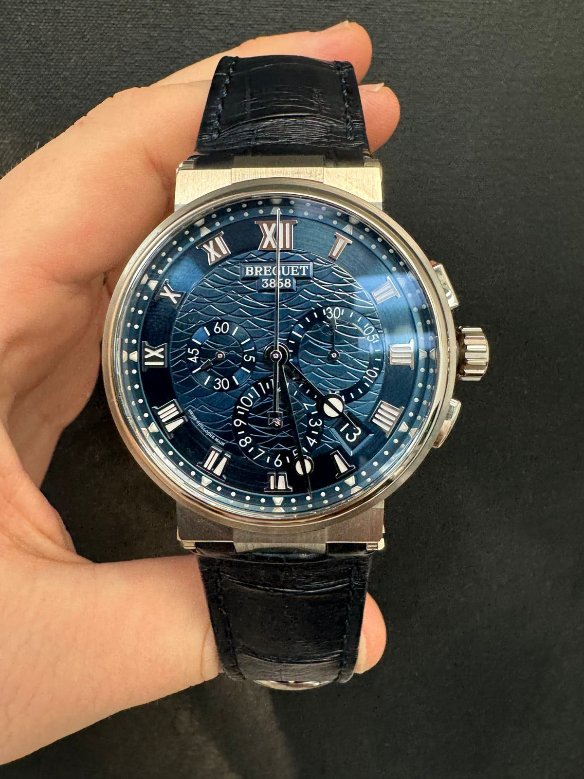 Breguet Marine Chronograph White Gold 40 MM - Blue Leather Strap - Blue Dial - 5527BB/Y2/9WV