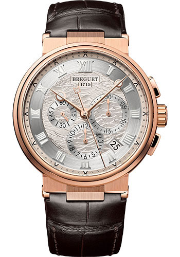 Breguet Marine Chronograph Rose Gold 40 MM - Brown Leather Strap - Silver Gold Dial - 5527BR/12/9WV