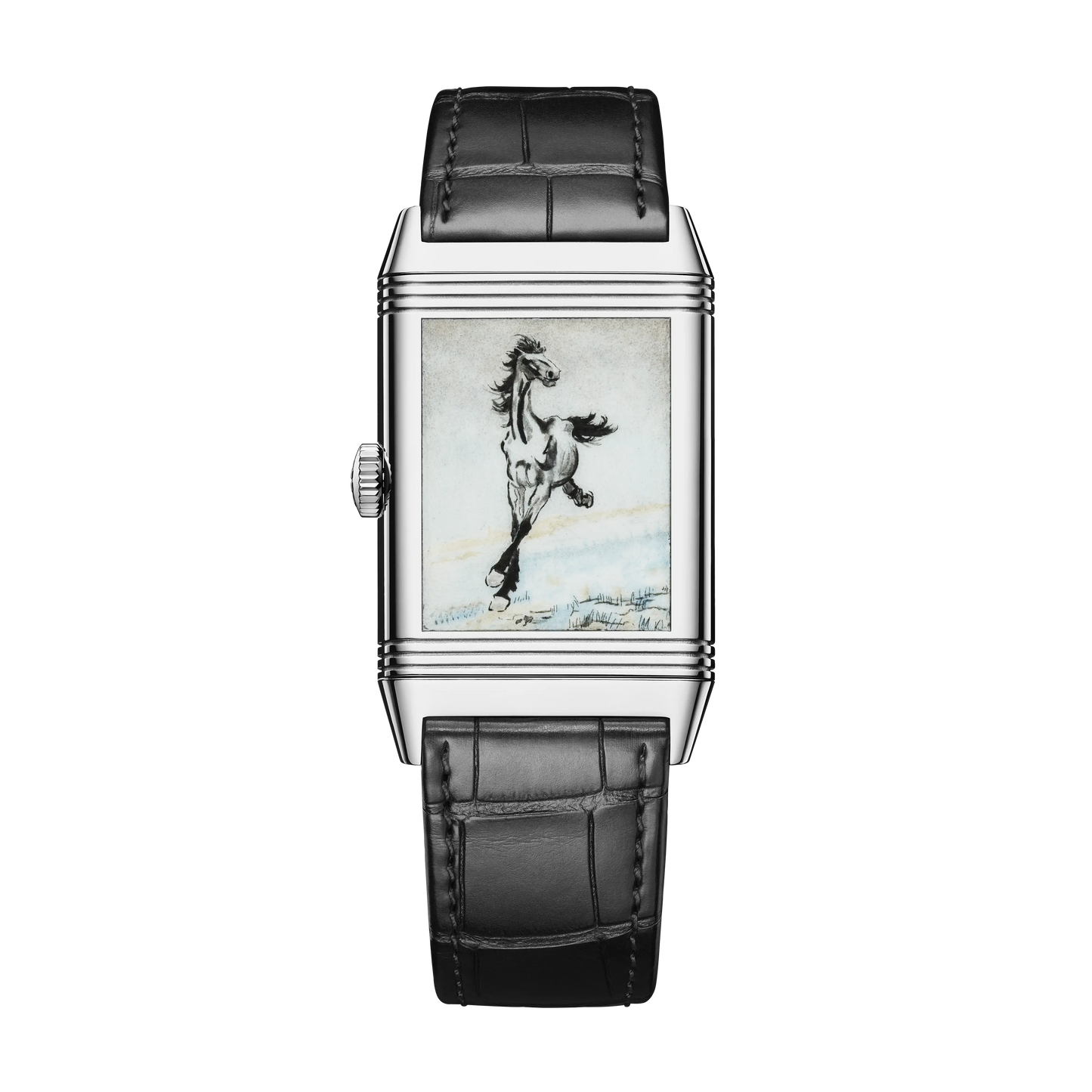 JLC - Reverso Tribute Enamel Xu Beihong Running Horse - Limited Edition - 45.6 MM x 27.4 MM - White Gold - Green Guilloché Enamel Dial - Black Leather Strap - Q39334B3