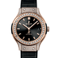 Hublot Classic Fusion Racing King Gold Pave 38 MM - Black Rubber and Alligator Strap - Diamond Bezel - Satin Black Sunrays Dial - 565.OX.1480.LR.1604