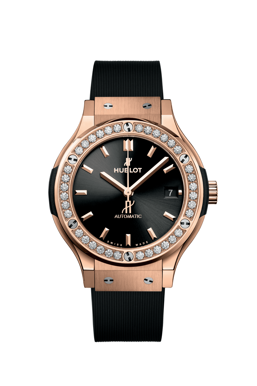 Hublot Classic Fusion Racing King Gold Diamonds 38 MM - Black Rubber Strap - Diamond Bezel - Satin Black Sunrays Dial - 565.OX.1480.RX.1204