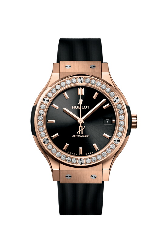 Hublot Classic Fusion Racing King Gold Diamonds 38 MM - Black Rubber Strap - Diamond Bezel - Satin Black Sunrays Dial - 565.OX.1480.RX.1204