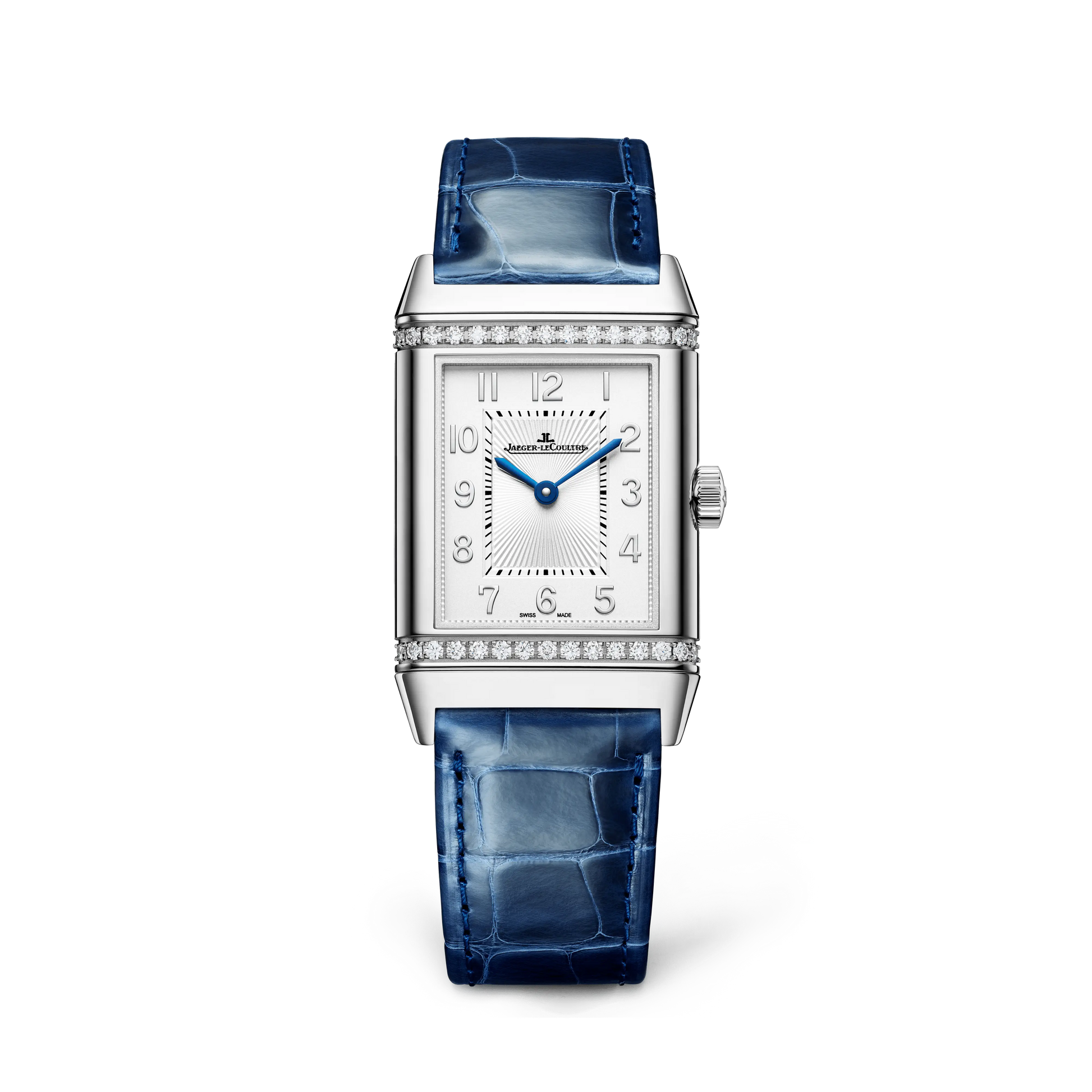 JLC - Reverso Classic Duetto - 40 MM x 24.4 MM - Stainless Steel - Silvered-Gray/Blue Dial - Diamond-Set Case - Blue Leather Strap - Q2578480
