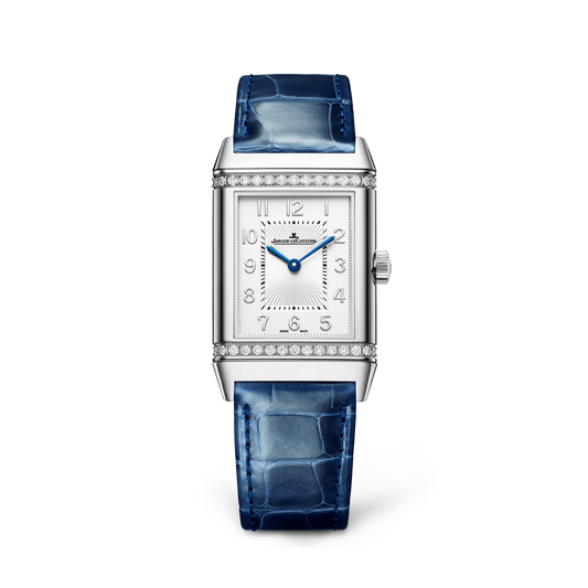JLC - Reverso Classic Duetto - 40 MM x 24.4 MM - Stainless Steel - Silvered-Gray/Blue Dial - Diamond-Set Case - Blue Leather Strap - Q2578480
