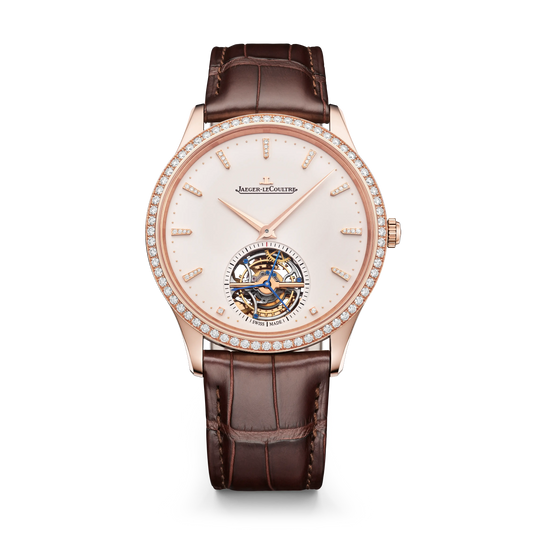 JLC - Master Ultra Thin Tourbillon - 40 MM - Pink Gold - Eggshell Beige Dial - Diamond Bezel - Brown Leather Strap - Q1682401