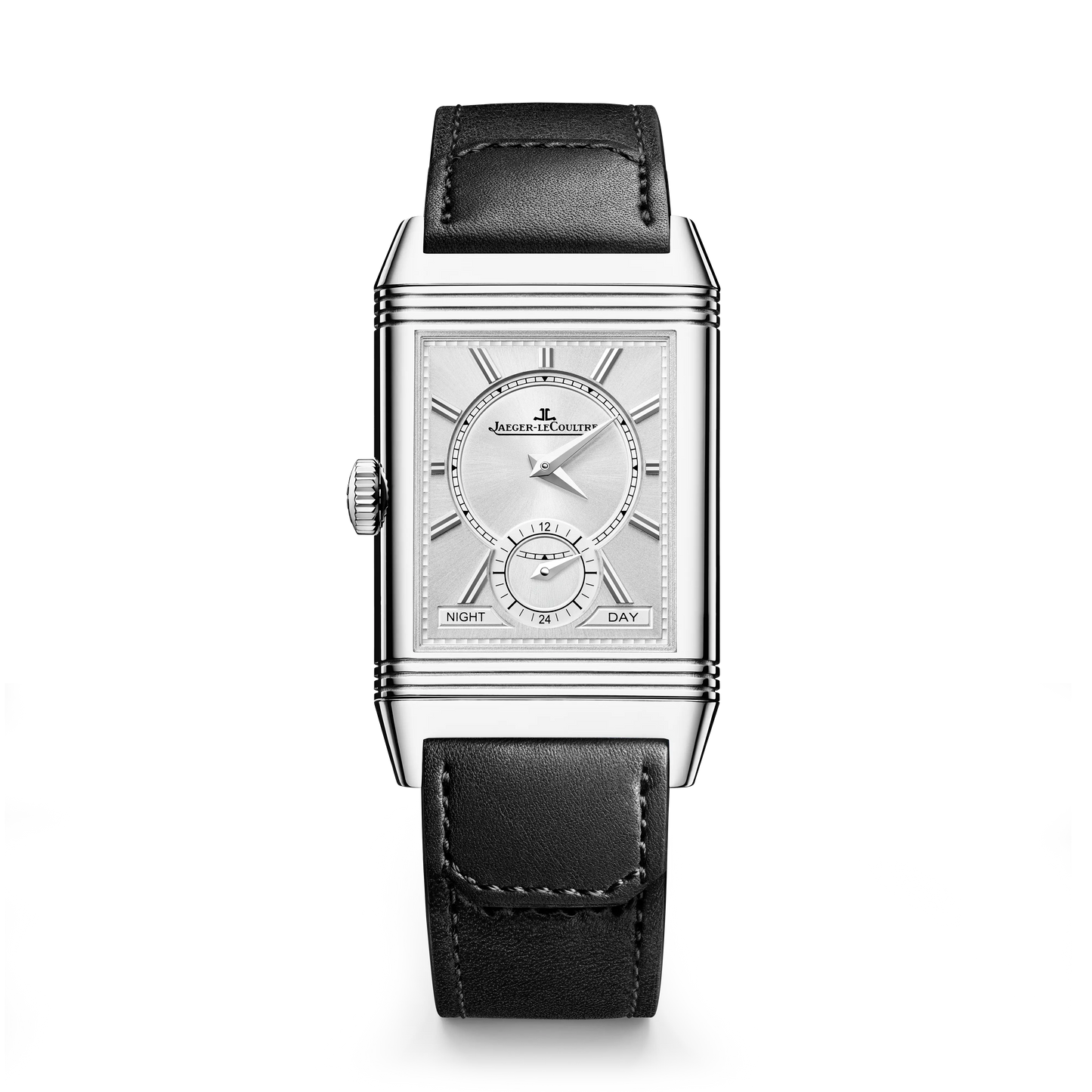 JLC - Reverso Tribute Duoface Small Seconds - 47 MM x 28.3 MM - Stainless Steel - Black/Silver Dial - Black Leather/Canvas Strap - Q398847J