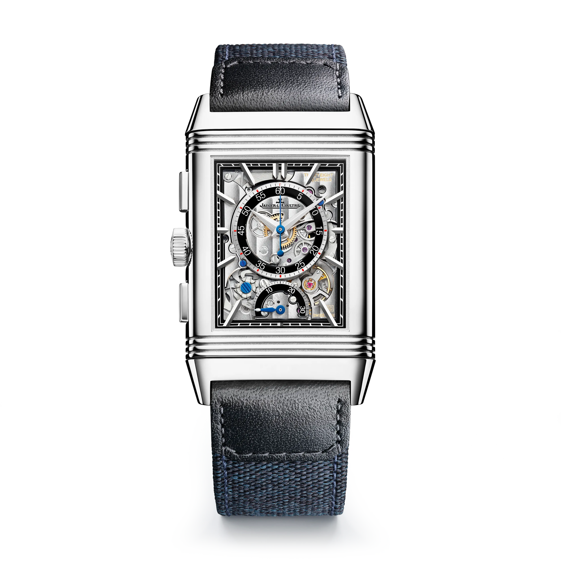JLC - Reverso Tribute Chronograph - 49.4 MM x 29.9 MM - Stainless Steel - Blue/Open Dial - Blue Canvas/Black Leather Strap - Q389848J