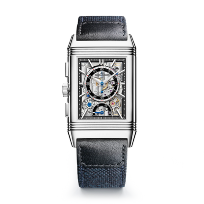 JLC - Reverso Tribute Chronograph - 49.4 MM x 29.9 MM - Stainless Steel - Blue/Open Dial - Blue Canvas/Black Leather Strap - Q389848J
