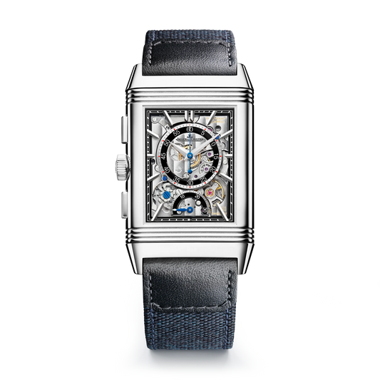 JLC - Reverso Tribute Chronograph - 49.4 MM x 29.9 MM - Stainless Steel - Blue/Open Dial - Blue Canvas/Black Leather Strap - Q389848J