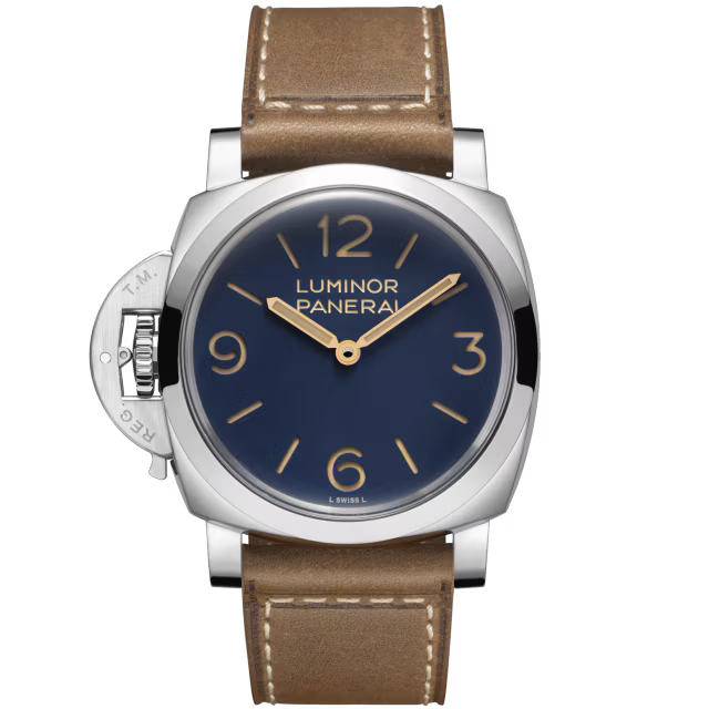 Panerai Luminor Destro - Stainless Steel - 44 MM - Brown Calfskin Leather Strap - Matte Blue Dial - PAM01732