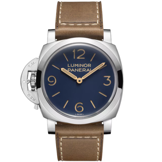 Panerai Luminor Destro - Stainless Steel - 44 MM - Brown Calfskin Leather Strap - Matte Blue Dial - PAM01732