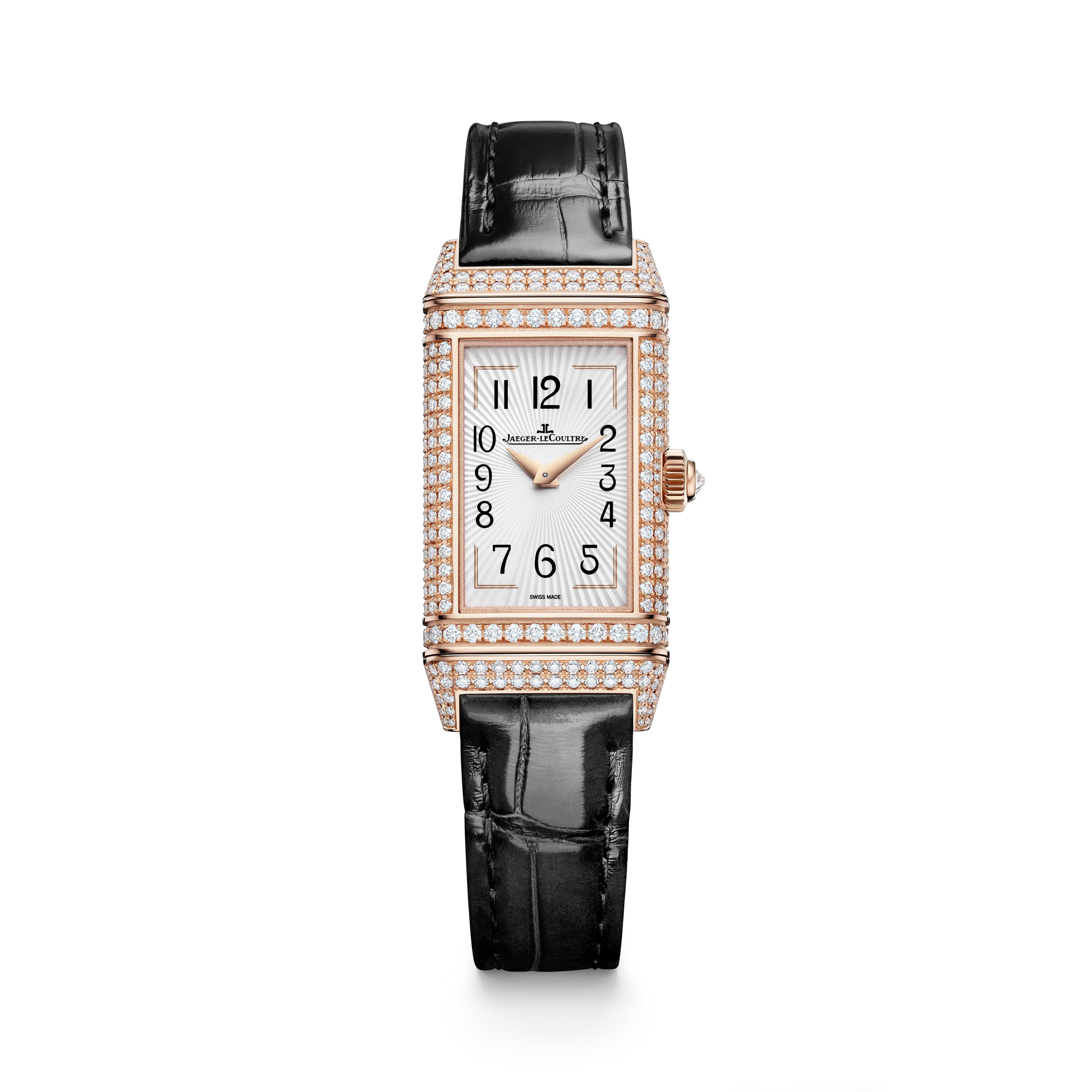 JLC - Reverso One Duetto Jewelry - 40 MM x 20 MM - Pink Gold - Silvered-Gray/Black Dial - Diamond-Pavé Case - Black Leather Strap - Q336247J