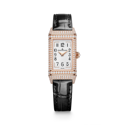 JLC - Reverso One Duetto Jewelry - 40 MM x 20 MM - Pink Gold - Silvered-Gray/Black Dial - Diamond-Pavé Case - Black Leather Strap - Q336247J