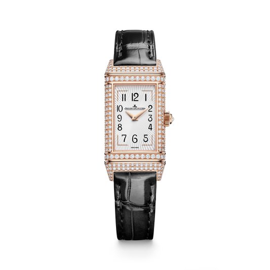 JLC - Reverso One Duetto Jewelry - 40 MM x 20 MM - Pink Gold - Silvered-Gray/Black Dial - Diamond-Pavé Case - Black Leather Strap - Q336247J