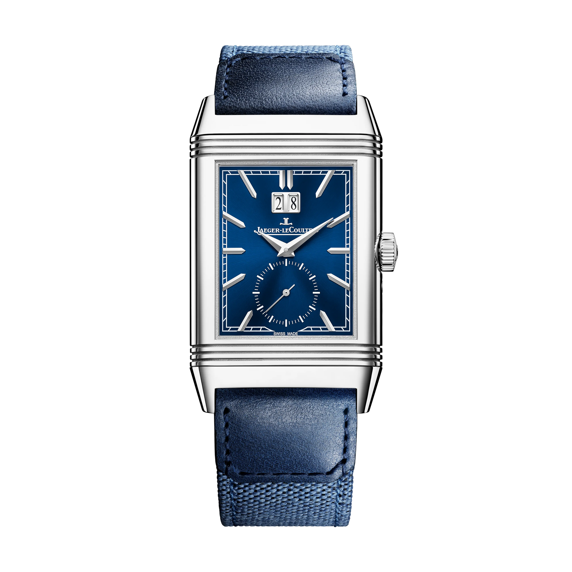 JLC - Reverso Tribute Geographic - 49.4 MM x 29.9 MM - Stainless Steel - Blue Dial - Blue Leather/Canvas Strap - Q714845J