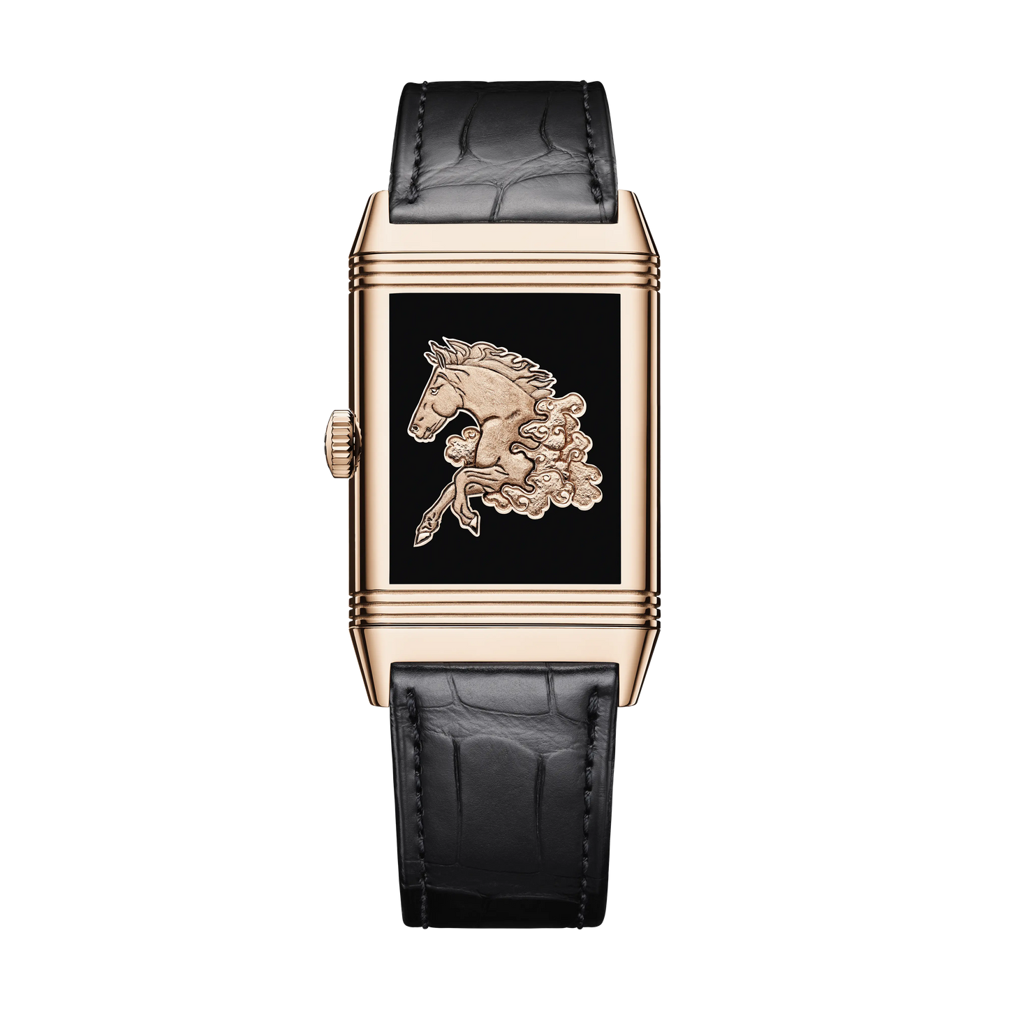 JLC - Reverso Tribute Enamel Horse - Limited Edition - 45.6 MM x 27.4 MM - Pink Gold - Black Enamel Dial - Black Leather Strap - Q39324D3