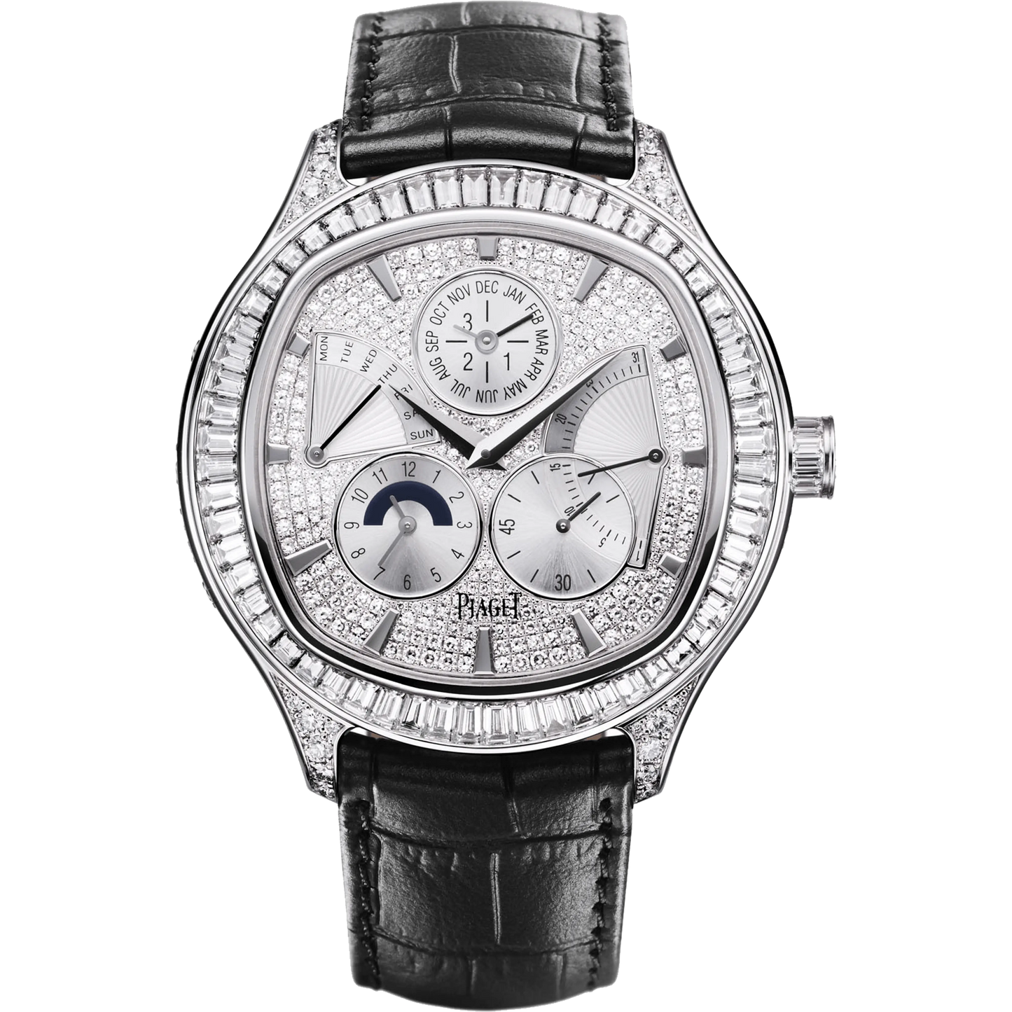 Piaget Polo Emperador - White Gold 46.5 MM - Black Leather Strap - Diamond Bezel - Diamond Skeleton Dial - G0A35020