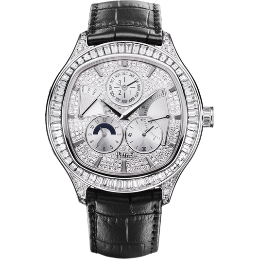 Piaget Polo Emperador - White Gold 46.5 MM - Black Leather Strap - Diamond Bezel - Diamond Skeleton Dial - G0A35020