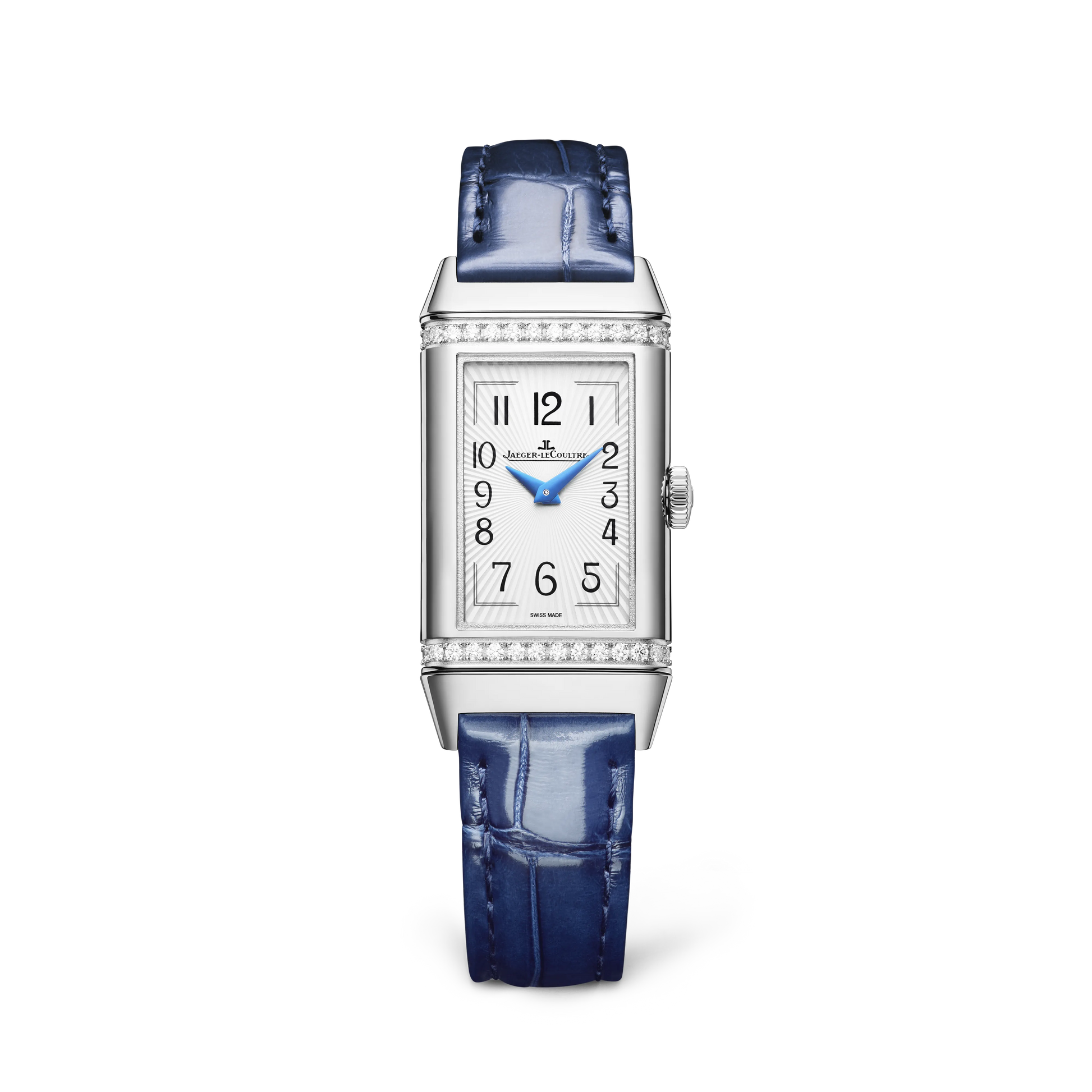 JLC - Reverso One Duetto - 40.1 MM x 20 MM - Stainless Steel - Silvered-Gray/Midnight Blue Dial - Diamond-Set Case - Stainless Steel Bracelet/Blue Leather Strap - Q334818J