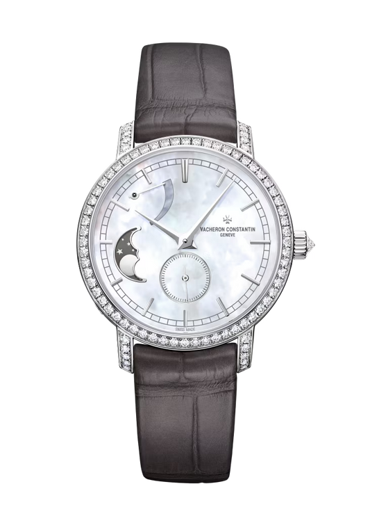 Vacheron Constantin Traditionnelle White Gold 36 MM - Black Leather Strap - Diamond Bezel - White Mother-of-Pearl Dial - 83570/000G-9916