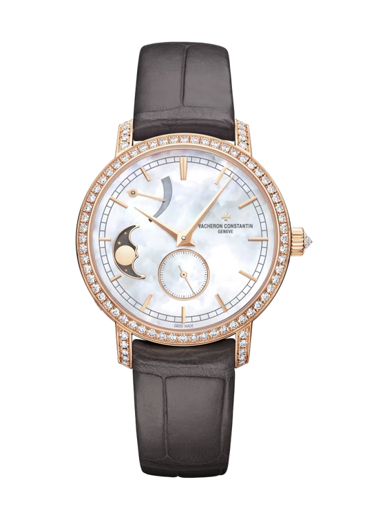 Vacheron Constantin Traditionnelle Pink Gold 36 MM - Black Leather Strap - Diamond Bezel - White Mother-of-Pearl Dial - 83570/000R-9915