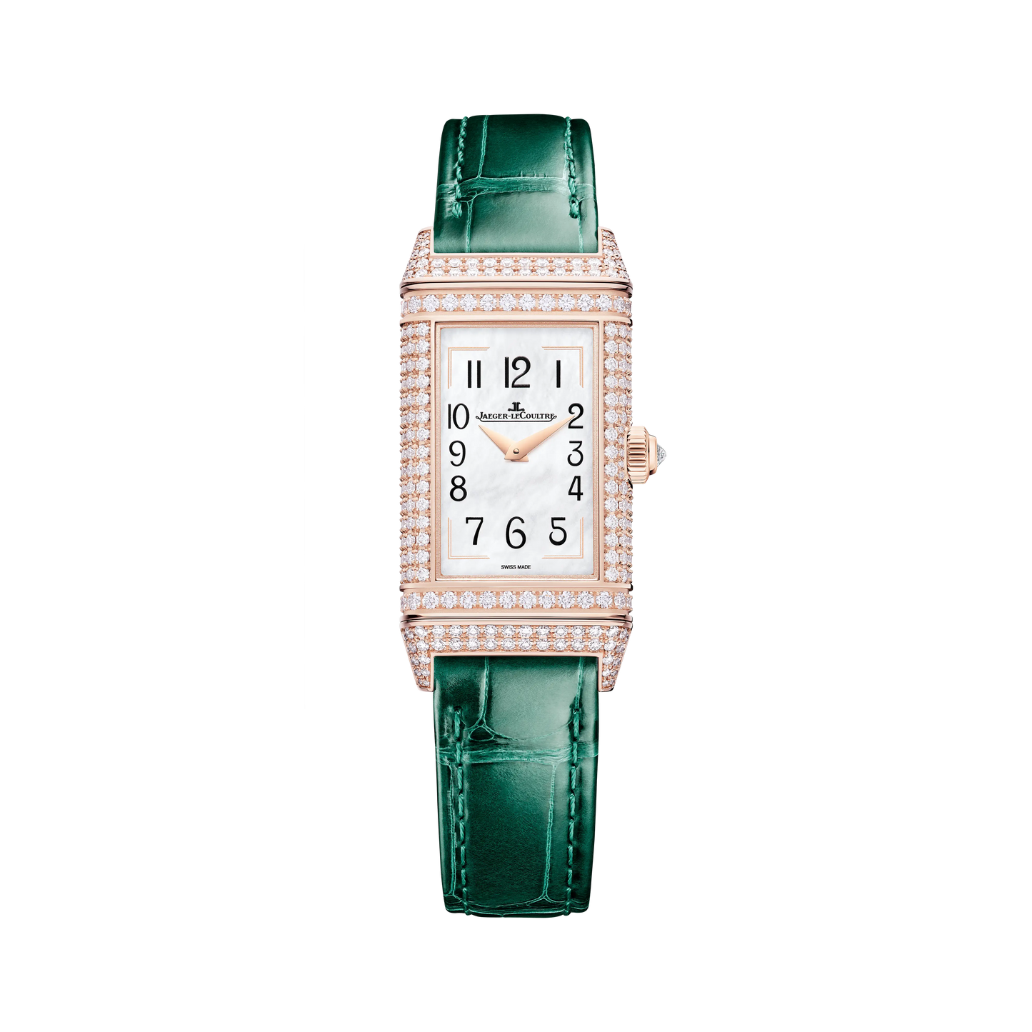JLC - Reverso One Precious Flowers - Limited Edition - 40 MM x 20 MM - Pink Gold - Mother-Of-Pearl Dial - Diamond-Set Case - Green Leather Strap - Q3292434