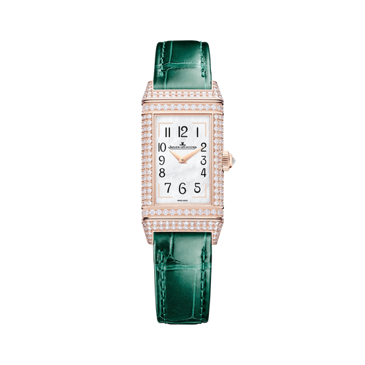 JLC - Reverso One Precious Flowers - Limited Edition - 40 MM x 20 MM - Pink Gold - Mother-Of-Pearl Dial - Diamond-Set Case - Green Leather Strap - Q3292434