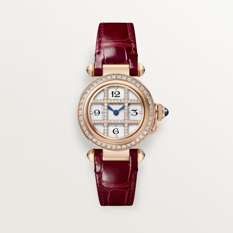 Cartier Pasha de Cartier Rose gold 30 MM - Red Alligator Leather Strap - Diamond Bezel - Opaline Flinqué Dial - WJPA0021