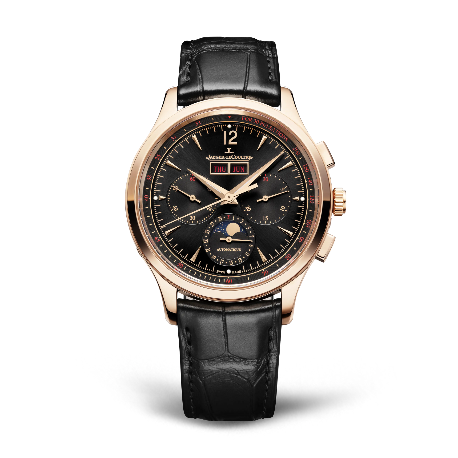 JLC - Master Control Chronograph Calendar - 40 MM - Pink Gold - Black Dial - Black Leather Strap - Q413257J