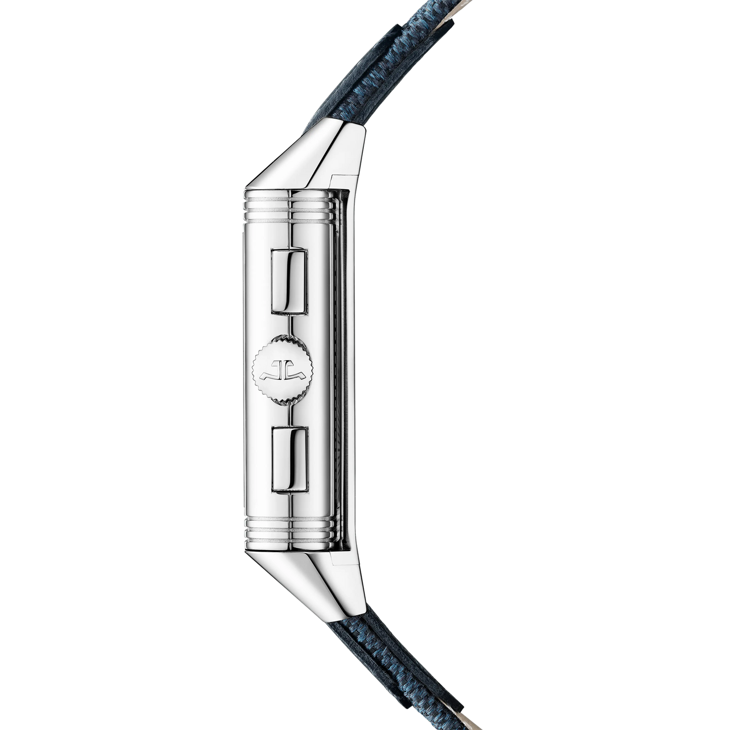 JLC - Reverso Tribute Chronograph - 49.4 MM x 29.9 MM - Stainless Steel - Blue/Open Dial - Blue Canvas/Black Leather Strap - Q389848J