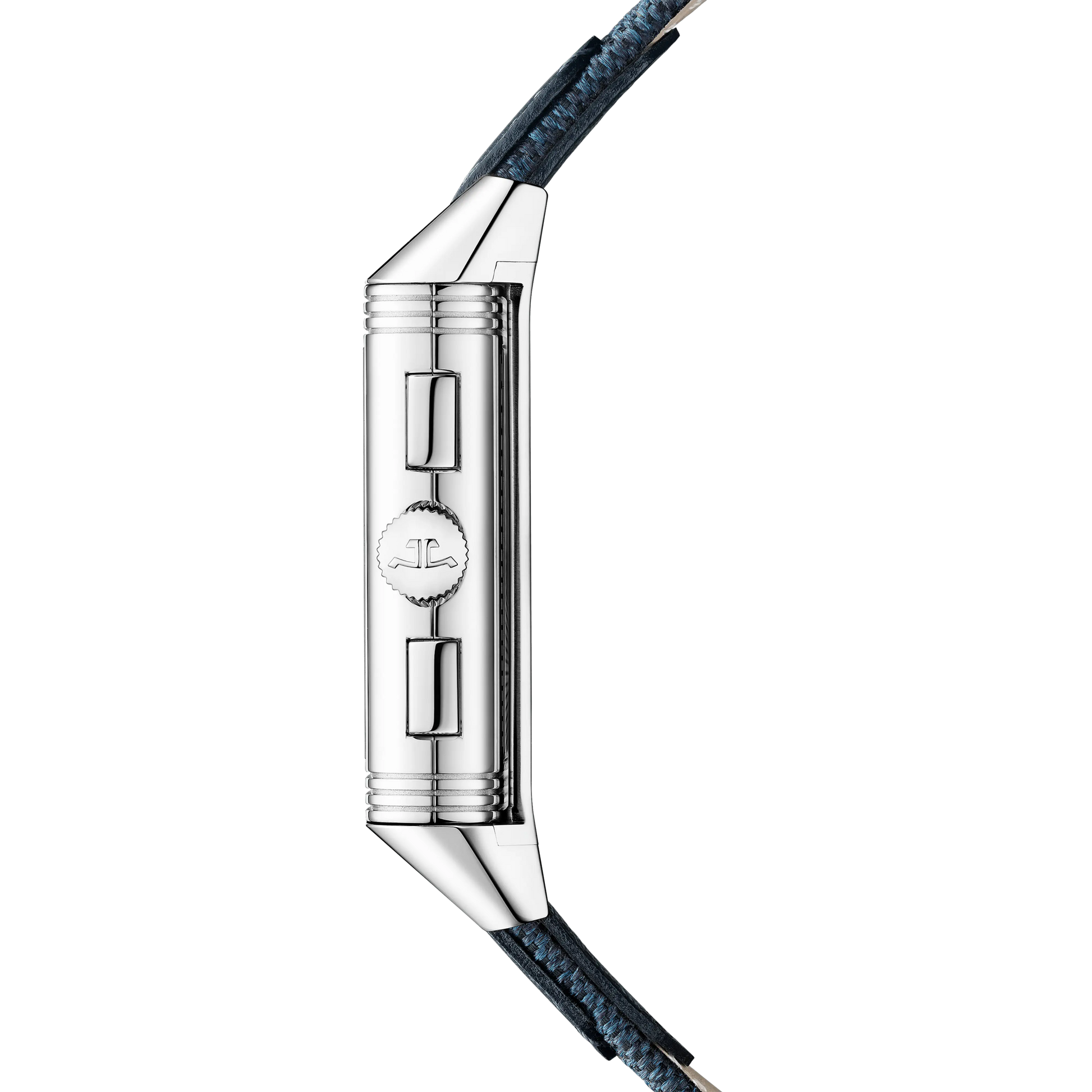 JLC - Reverso Tribute Chronograph - 49.4 MM x 29.9 MM - Stainless Steel - Blue/Open Dial - Blue Canvas/Black Leather Strap - Q389848J